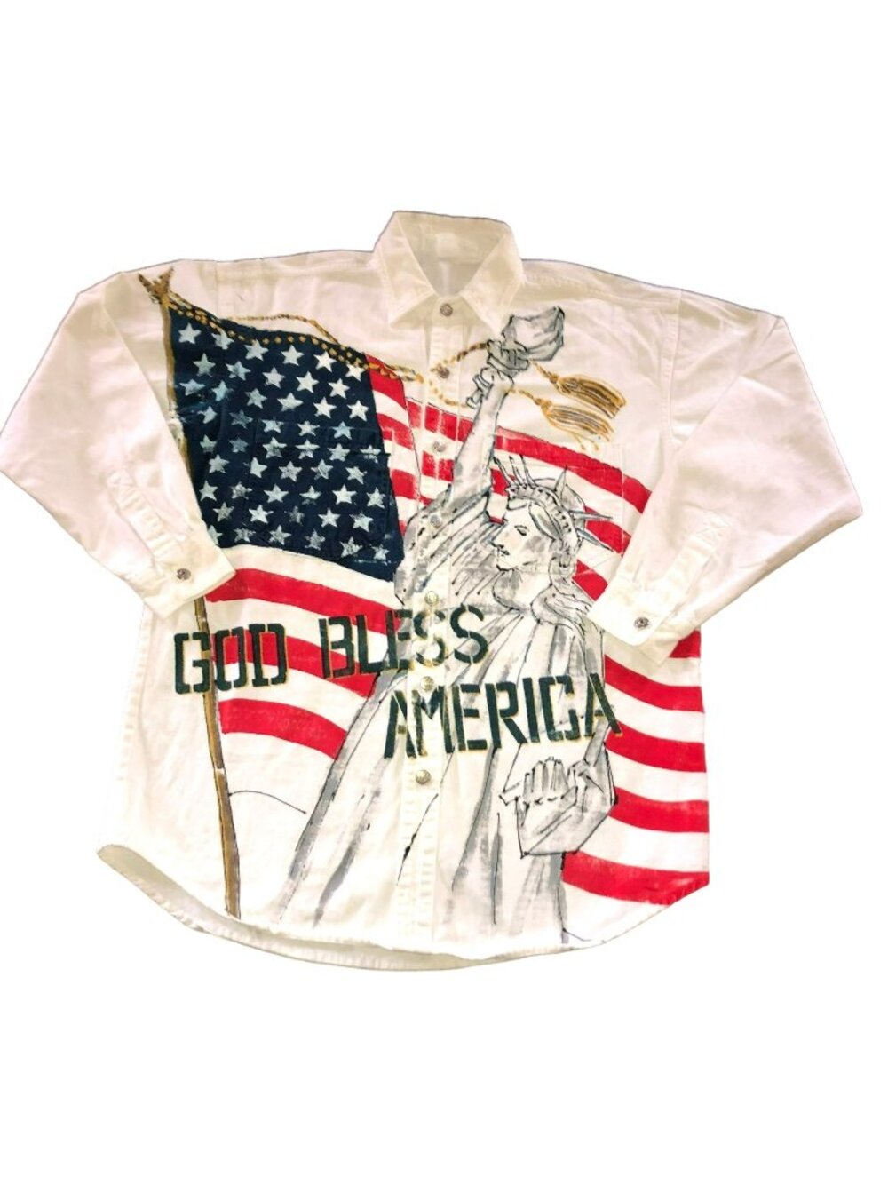 Marguerita 4th of July Denim Shirt Sz M AOP "God Bless America" USA Made Mens
